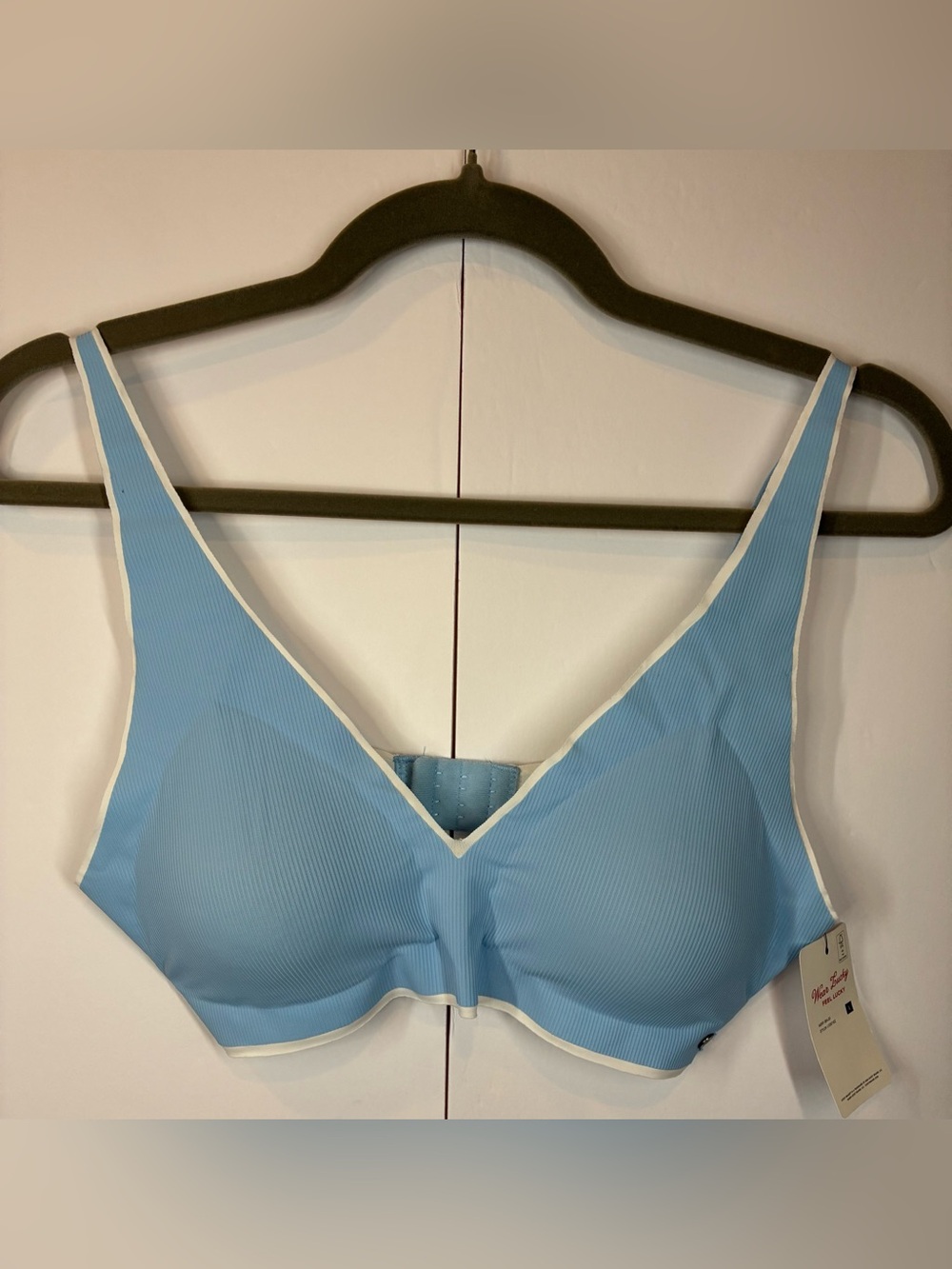 Lucky Brand Laser Lounge Bra Light Blue Ribbed Wireless Bralette Size Large NWT